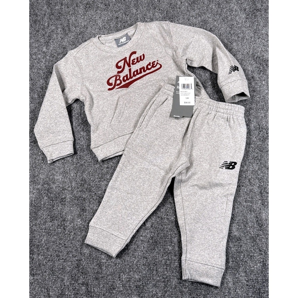 New Balance Boys 2PC Fleece Set 12 Month Gray Sweatshirt Jogger Pants Logo NWT